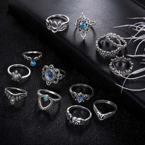 Last 1!🔹13pc. Boho Vintage Silver Stone Ring Set - Picture 6 of 8